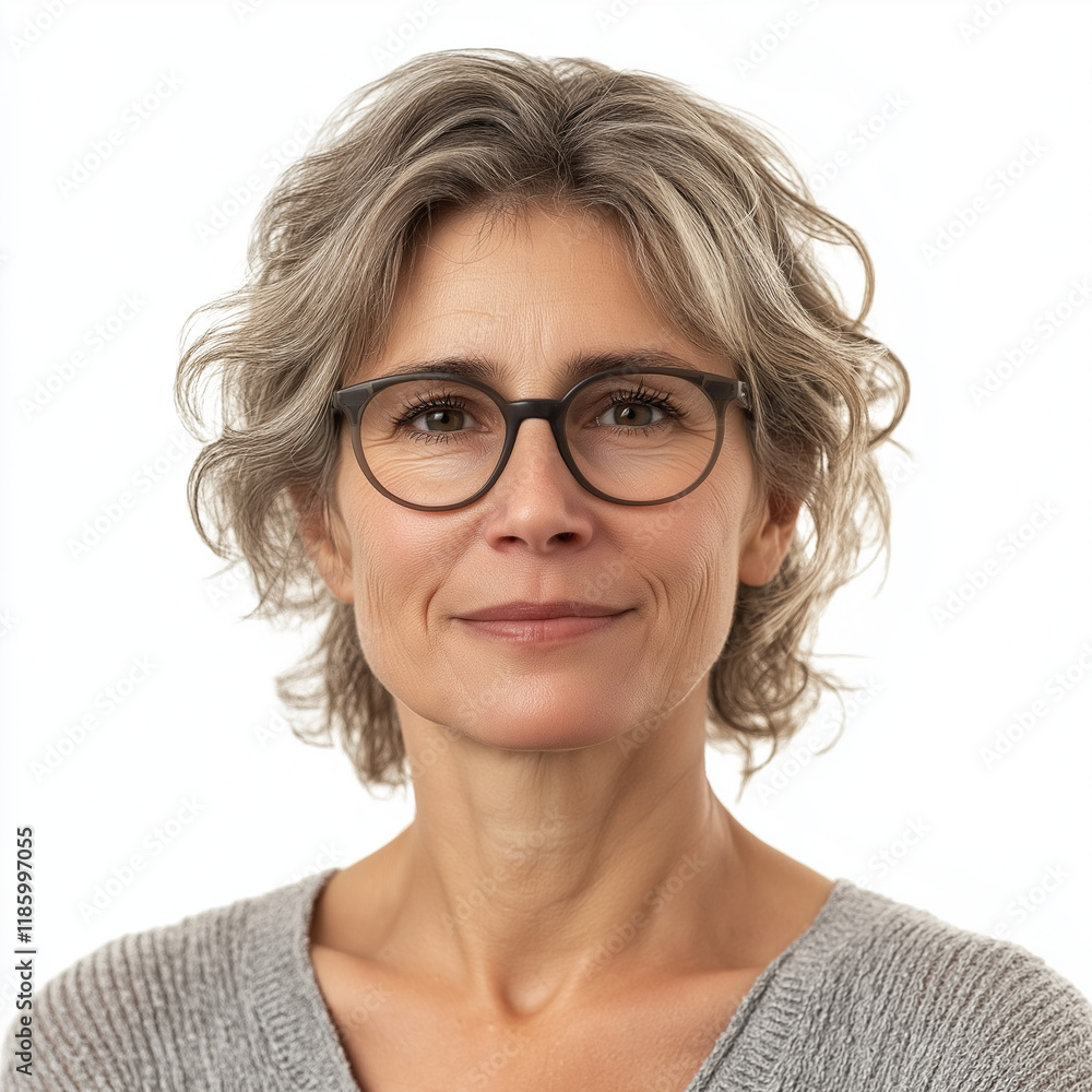 photo of a middle aged woman smiling into the camera. white background photo of a middle aged woman smiling into the camera. white background