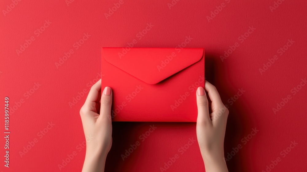 A pair of hands holds a vibrant red envelope against a matching red background, creating a striking visual contrast. A pair of hands holds a vibrant red envelope against a matching red background, creating a striking visual contrast.