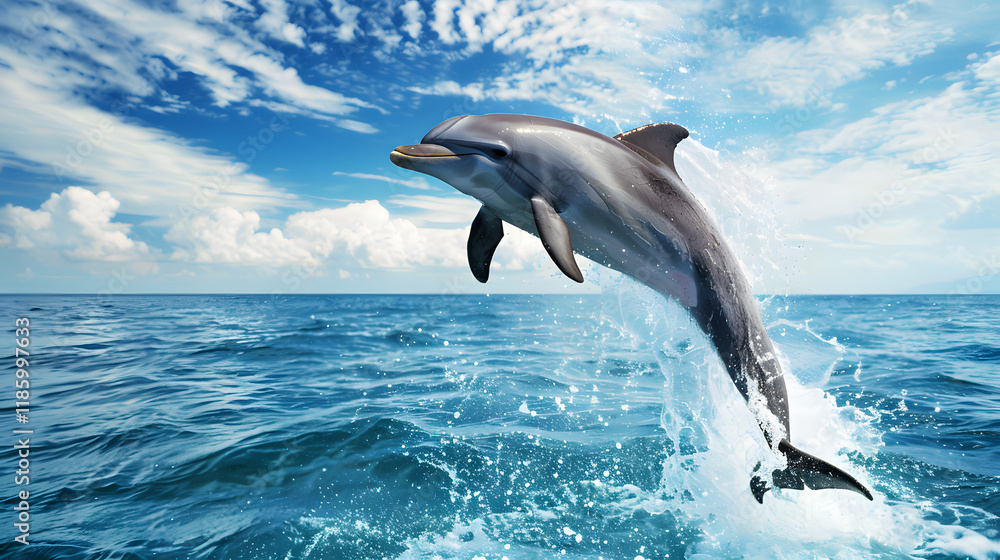 Fototapeta premium Dolphin Leaping Out of the Ocean with Splashing Water and a Bright Blue Sky.