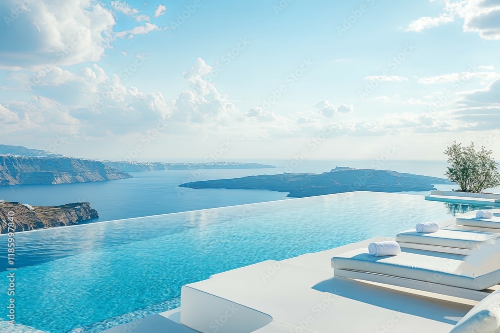 Fototapeta premium Serene Santorini. Infinity Pool, Aegean Vista, Tranquil Luxury