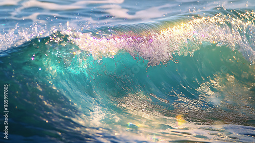 Ocean wave rainbow glitter, soft turquoise merging with prismatic sparkles, refreshing aquatic feel