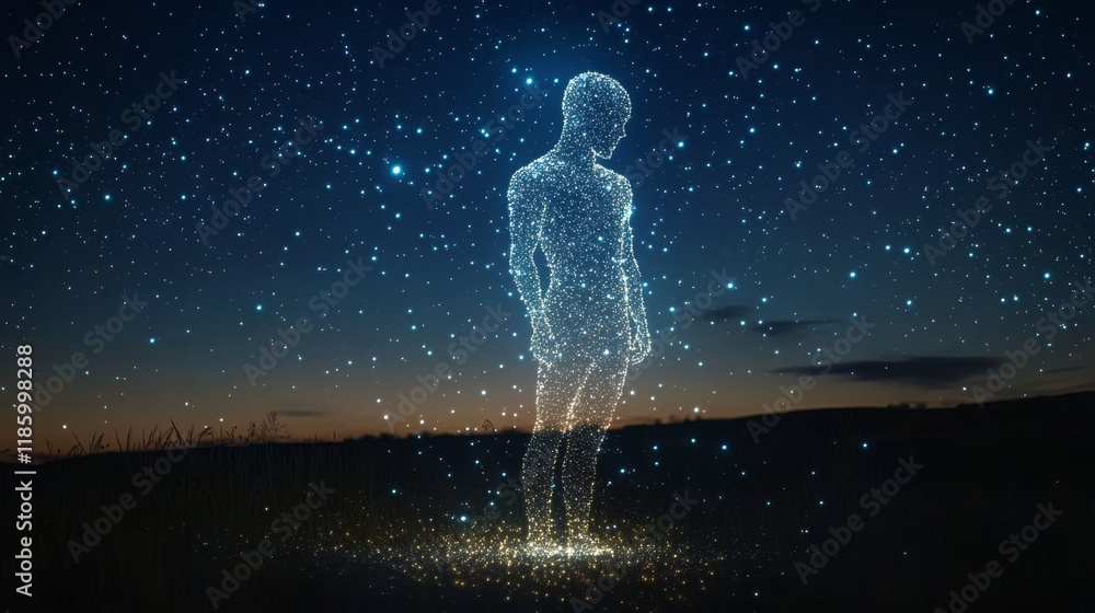 Obraz premium Human Silhouette Dissolving into Starry Night Background