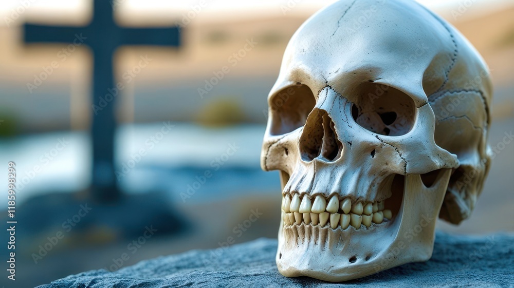Skull is sitting on a rock next to a cross Skull is sitting on a rock next to a cross