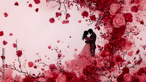 Romantic Valentine s Day Card Concept with Intertwined Couple and Blooming Peonies on Dreamy photo