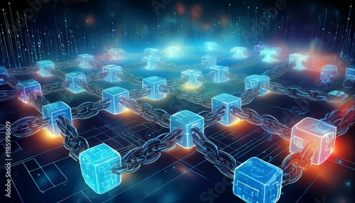 Blockchain technology concept on Low poly or polygonal style design with a chain of encrypted