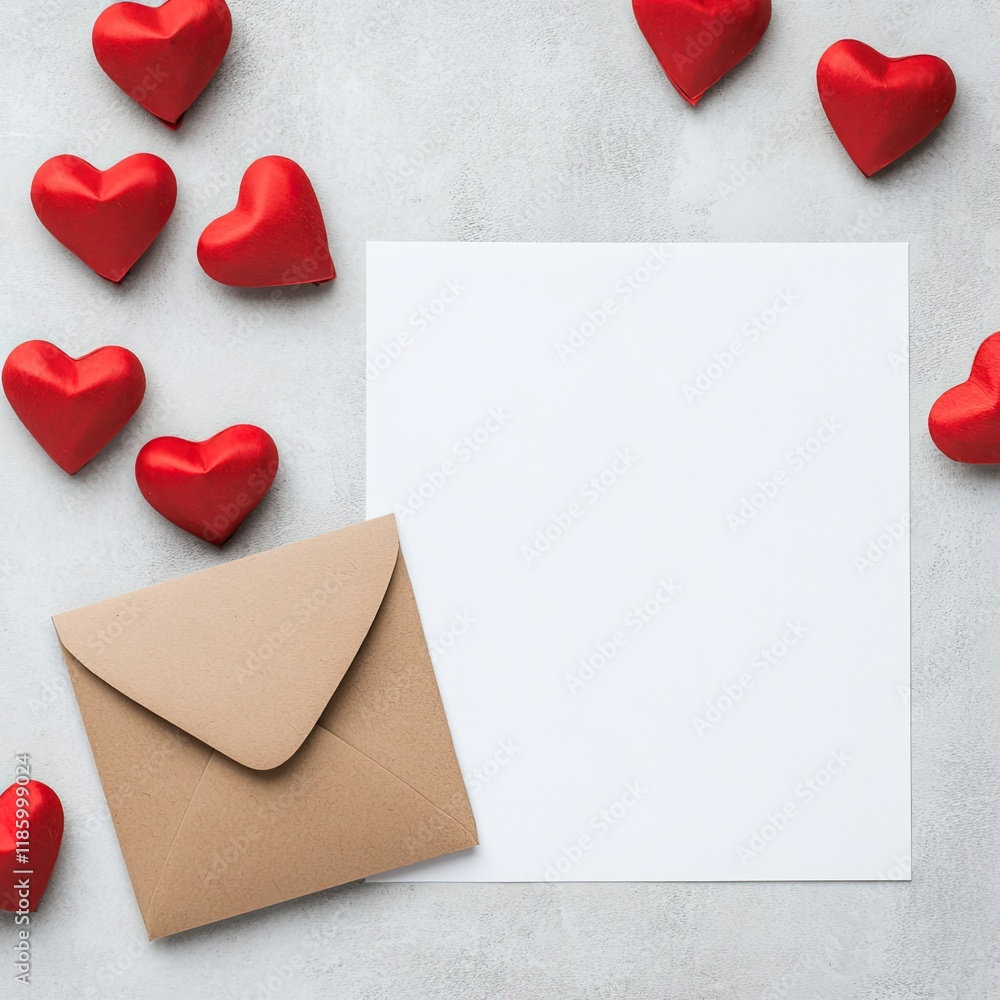 Valentine's Day Mockup, Blank Card and Envelope with Red Hearts Valentine's Day Mockup, Blank Card and Envelope with Red Hearts