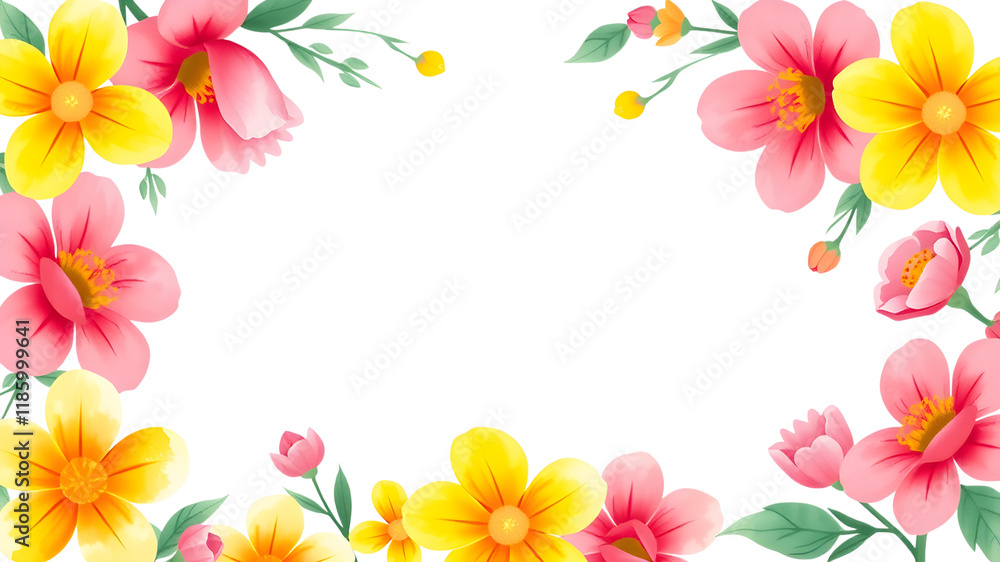 Fototapeta premium Floral Frame: Vibrant watercolor flowers in shades of pink and yellow create a delicate frame, perfect for adding a touch of spring to any design. 
