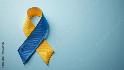 Yellow and blue awareness ribbon for Down Syndrome on light blue background