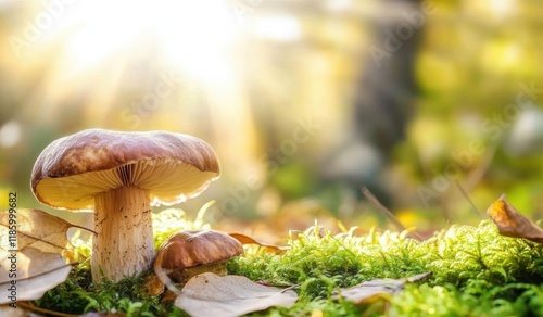 Art Autumn Nature background. Cep Porcini mushroom on the moss in sunny autumn forest. photo