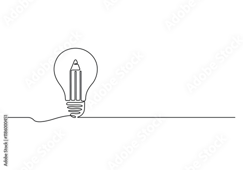 Light bulb and pencil in one continuous line drawing. Creative idea innovation and writer and poetry concept. Vector illustration