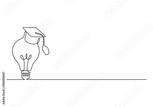 Continuous single line drawing of bright lightbulb wearing graduation cap logo identity. Smart study academy logotype icon template concept. Vector illustration