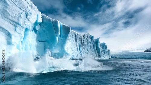A massive iceberg collapses into the ocean, creating a dramatic splash under a cloudy blue sky