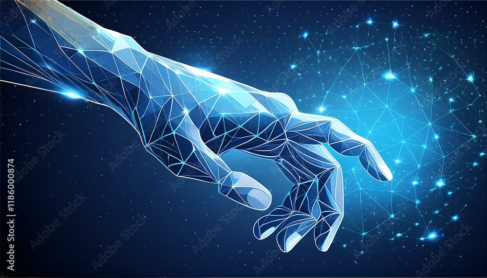 Robot or cyborg arm and hand human. Touch Technological concept. Low poly blue. Polygonal Robot or cyborg arm and hand human. Touch Technological concept. Low poly blue. Polygonal