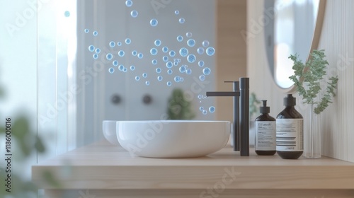 Droplets of sanitizer actively combating bacteria near a modern sink in a light and airy bathroom setting. Generative AI photo