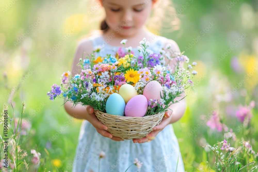 Fototapeta premium Young child enjoys picking flowers and pastel eggs in a vibrant garden during spring