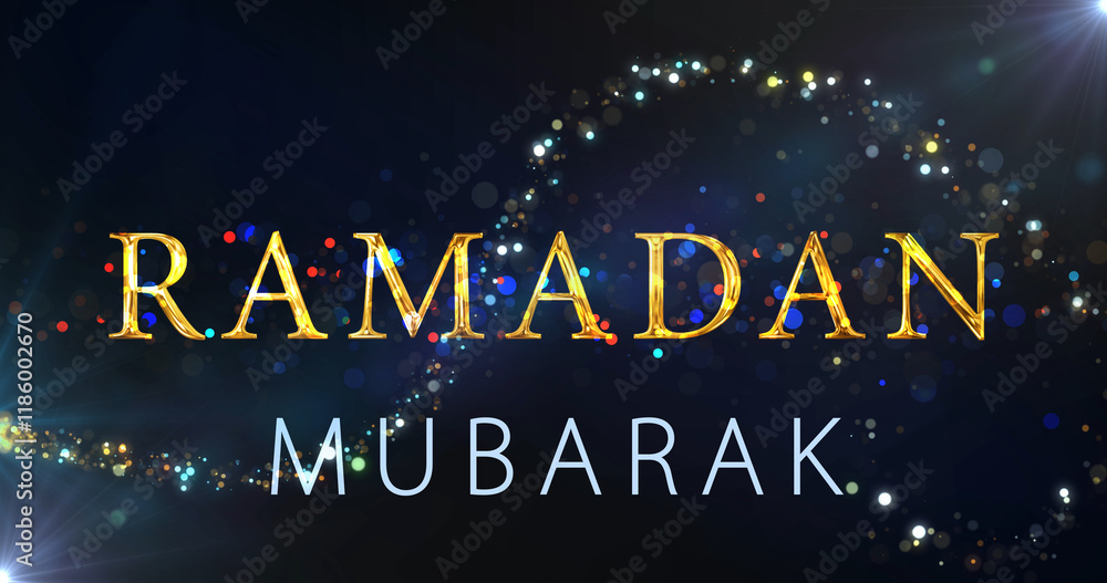 Luxury golden classy Ramadan Kareem Mubarak wishing background. Dust gold particles moving wishing Islamic holy month of fasting. Arabic greeting bg.Traditional message card glittering shiny bg.
