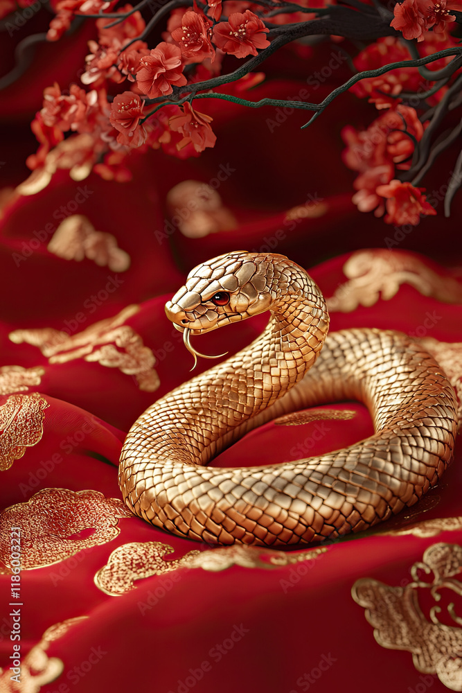 Obraz premium Dragon orSnake illustration design, minimalist, graphic design, clear scales, writhing body, gold foil paper brush marks