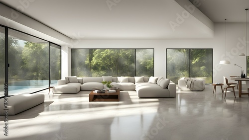 Modern living room with large windows overlooking greenery and a pool.