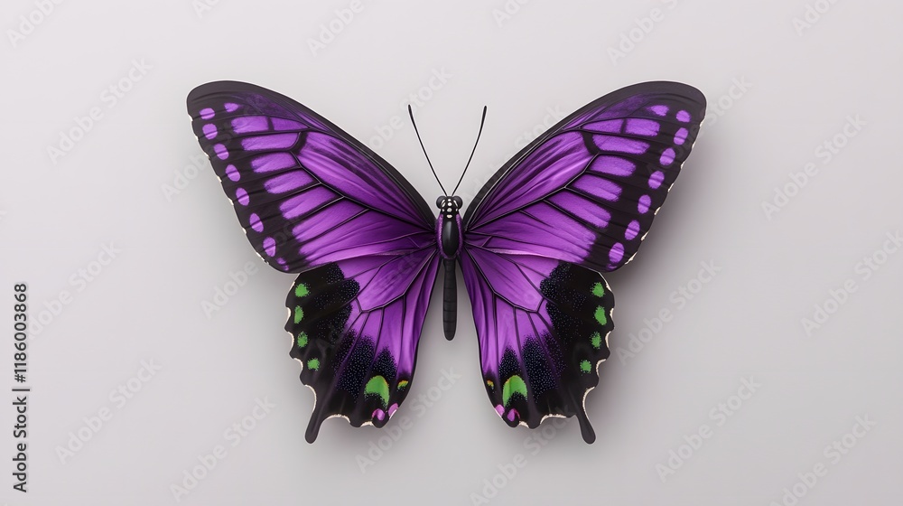 Obraz premium Elegant Purple and Green Butterfly with Radiant Illuminated Wings Resting on Neutral Grey Backdrop