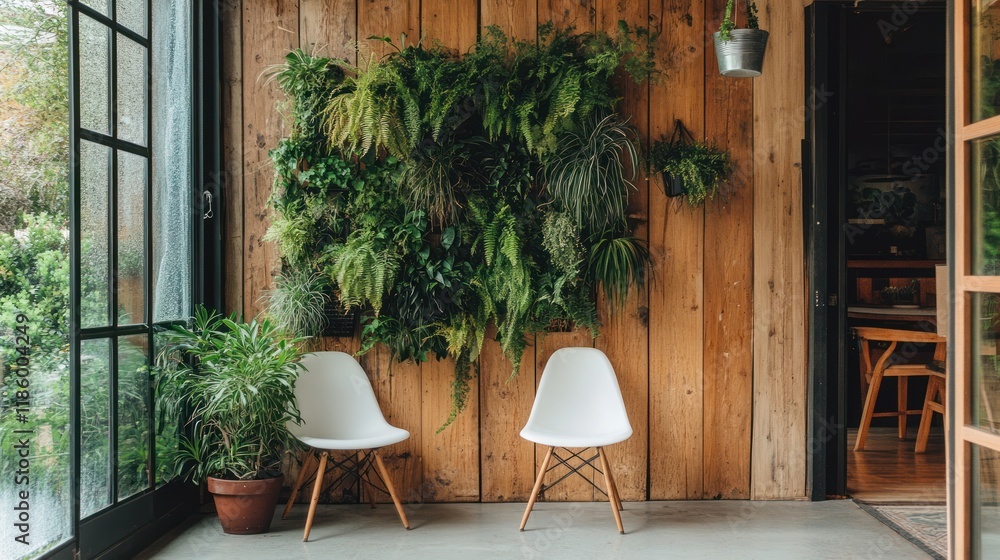 Fototapeta premium Modern sunroom, vertical garden, wooden wall, chairs, plants