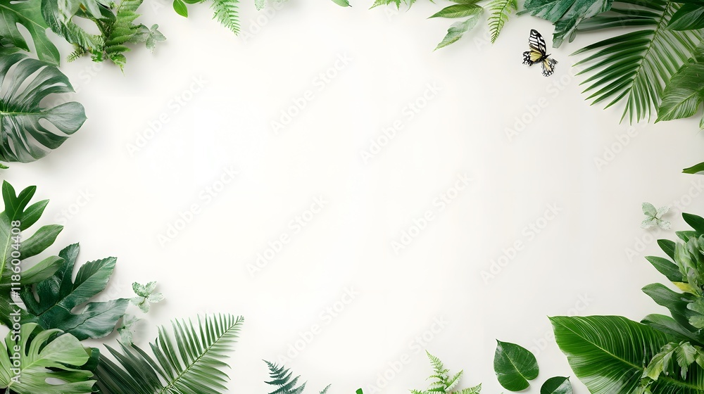 Tropical Foliage Intertwined With Minimalist Floral Elements on Crisp White Backdrop Tropical Foliage Intertwined With Minimalist Floral Elements on Crisp White Backdrop
