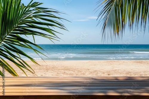 Tropical beach wood table mockup, ocean view (1) photo