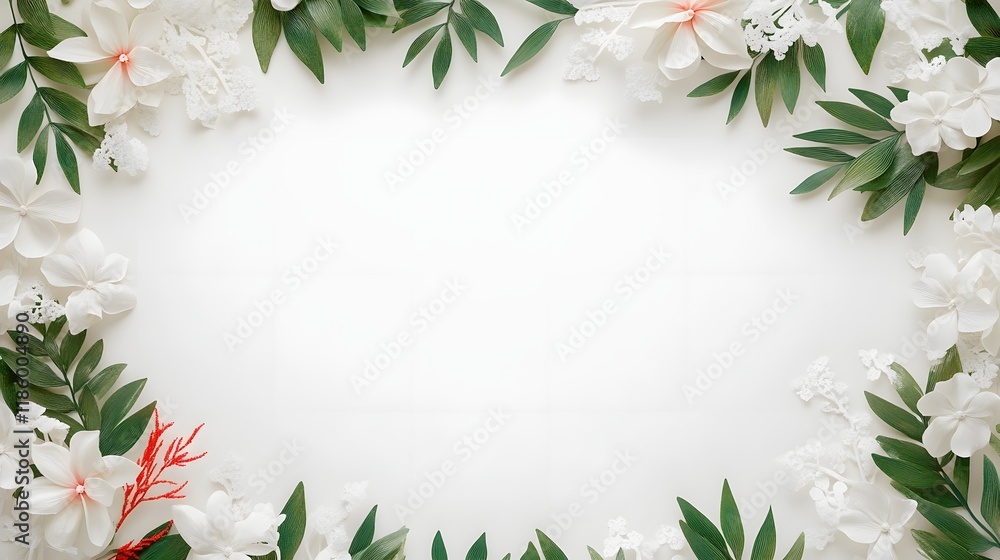 Tropical Foliage with Minimalist Floral Elements on Crisp White Background Tropical Foliage with Minimalist Floral Elements on Crisp White Background