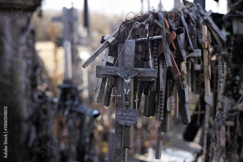 Thousands of religious symbols, crucifixes, rosaries, rosary and catholic crosses with Jesus, Hill of Crosses, Kryžių kalnas,  is a site of pilgrimage north of of Šiauliai, Lithuania