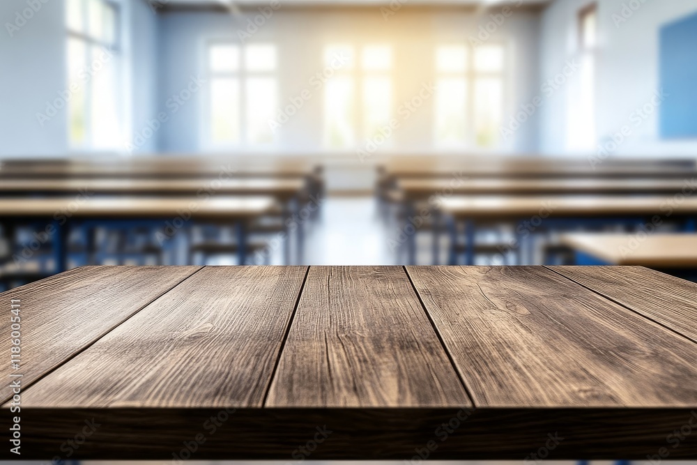 Classroom Wooden Table, Sunlit Room, Empty Desks, Education Classroom Wooden Table, Sunlit Room, Empty Desks, Education