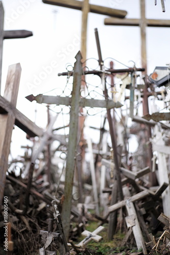 Thousands of religious symbols, crucifixes, rosaries, rosary and catholic crosses with Jesus, Hill of Crosses, Kryžių kalnas,  is a site of pilgrimage north of of Šiauliai, Lithuania
