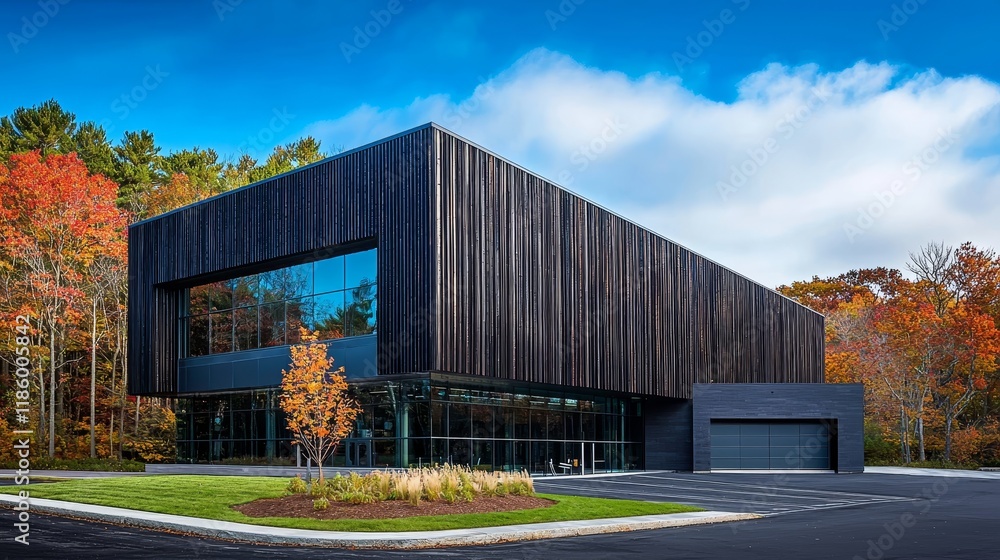 Nestled among autumn's vibrant trees, a contemporary wooden home featuring large windows and a spacious front porch beautifully combines natural beauty with modern architecture Nestled among autumn's vibrant trees, a contemporary wooden home featuring large windows and a spacious front porch beautifully combines natural beauty with modern architecture