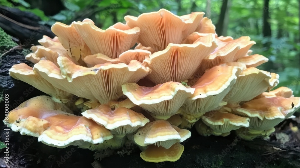 Vibrant Fungi Cluster on Log in Lush Forest Setting in Natural Light Vibrant Fungi Cluster on Log in Lush Forest Setting in Natural Light