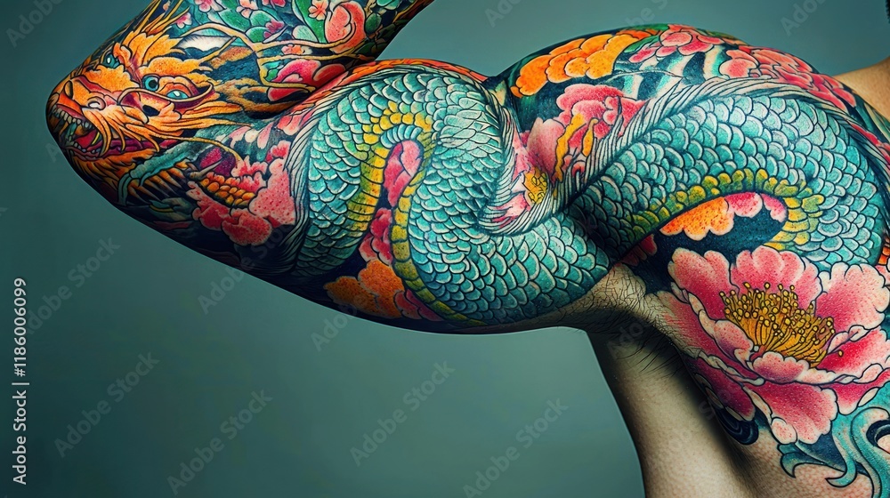 Naklejka premium Close-up of colorful dragon and flower tattoo on a man's arm and shoulder.