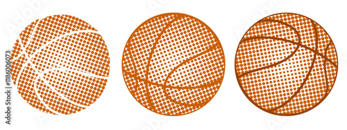 Basketball equipment. Basketball balls set with dotted gradient and lines. Sport orange balls collection. Vector illustration isolated on background