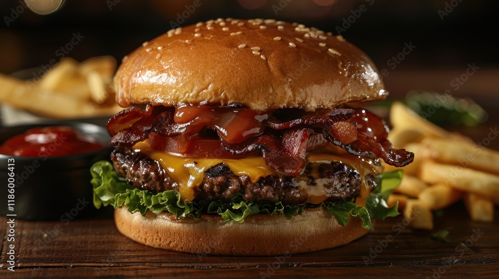 Close-Up of Juicy American Cheeseburger with Bacon and Lettuce