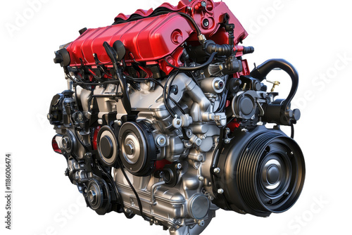 Isolated Powerful Car Engine with Silver Parts photo