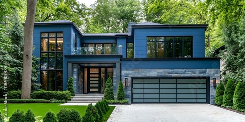 A modern two-story house with large windows, a stone and blue exterior, and well-manicured landscaping. Concept Modern Architecture, Two-Story Design, Large Windows, Stone and Blue Exterior photo