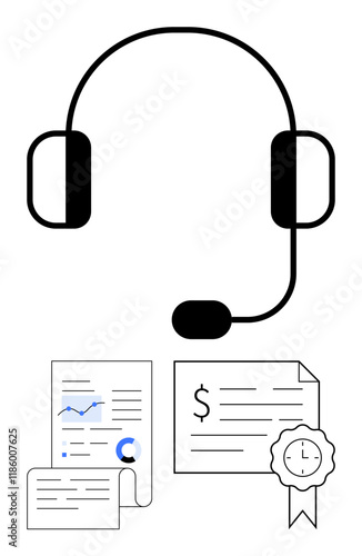 Headset with microphone above financial graphs, documents, and a certificate with a ribbon icon. Ideal for customer service, finance, consulting, support, communication, training certification