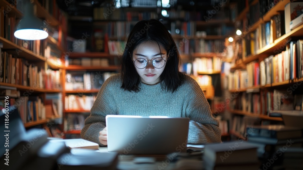 Young Woman Working on Laptop in Cozy Library Surrounded by Books, Glowing Light, Digital Nomad Lifestyle in Modern Study Space Young Woman Working on Laptop in Cozy Library Surrounded by Books, Glowing Light, Digital Nomad Lifestyle in Modern Study Space