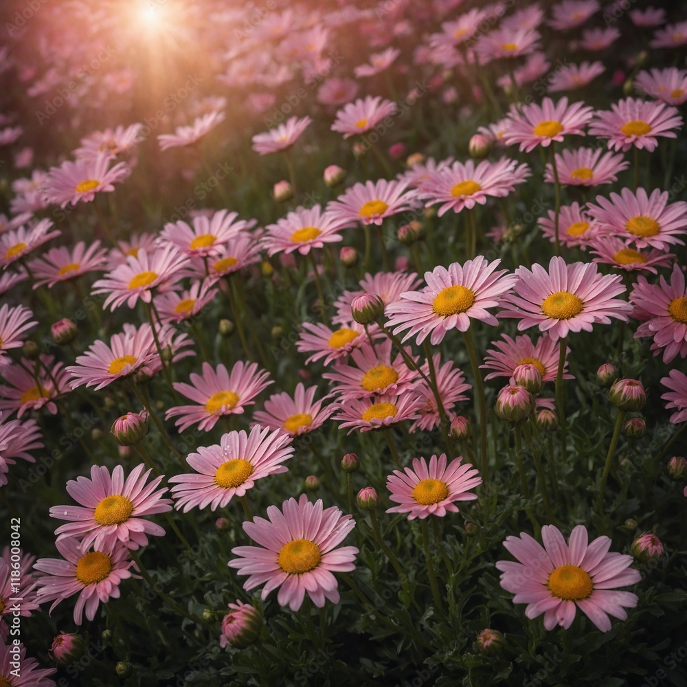 A vibrant daisy surrounded by smaller pink blossoms, with a dreamy pink glow.
A vibrant daisy surrounded by smaller pink blossoms, with a dreamy pink glow.