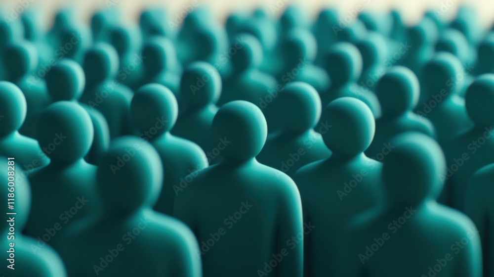 Obraz premium A crowd of teal-colored abstract figures stands closely together, creating a sense of unity and anonymity in a stylized, artistic representation.