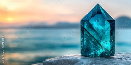 Wallpaper Mural A shimmering teal crystal with pointed edges sits atop a rock, contrasting against a blurred, serene background. Concept Teal Crystal Display, Nature Photography, Serene Background Torontodigital.ca