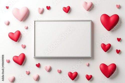 Minimalistic blank white banner, with simple pink and red hearts around, valentine's day, mockup
