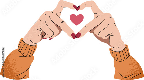 Hands showing heart in flat cartoon style. Symbol of love. Vector illustration for Valentine's day for cards, stickers, banners, etc.