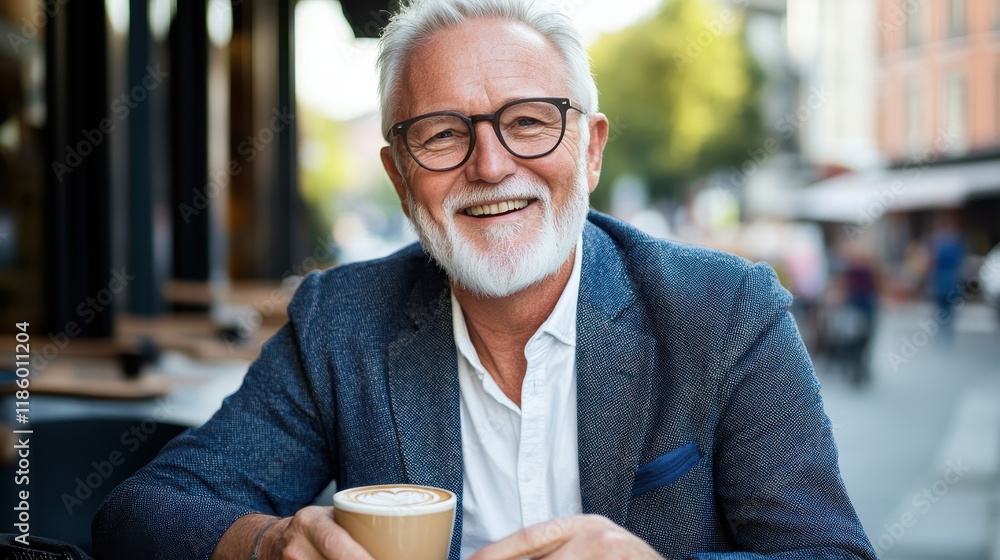 Senior Man Seated at Cafe Enjoying Coffee in Casual Blazer and Jeans with Warm Smile Against Urban Backdrop Senior Man Seated at Cafe Enjoying Coffee in Casual Blazer and Jeans with Warm Smile Against Urban Backdrop