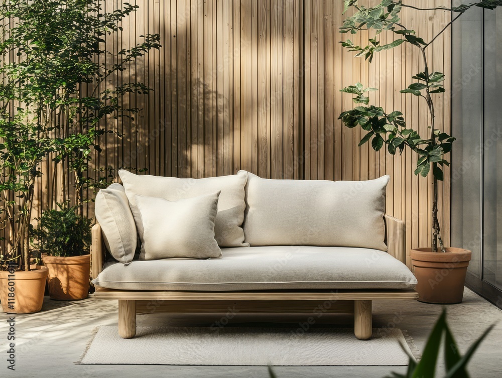 Obraz premium Modern Outdoor Sofa With Plants and Wooden Wall