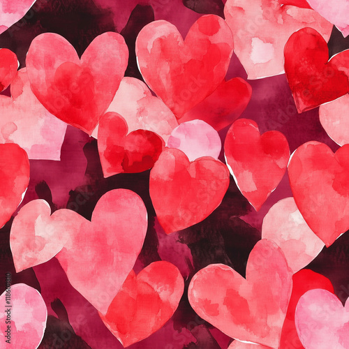Seamless pattern with hand-painted watercolor hearts in pink and red tones for Valentine's Day designs, wedding invitations, romantic stationery, gift wrapping, and digital backgrounds