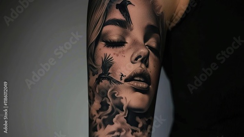 Detailed black ink tattoo of a woman's face with crows, realistic art, detailed design, artistic tattoo.
