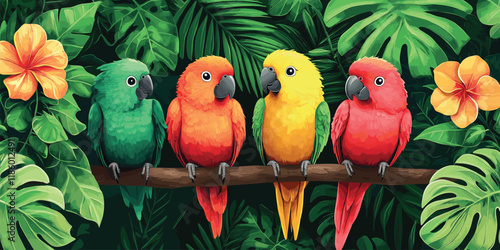 Green, orange, yellow, and red parrots sitting on a wooden branch amid lush green photo