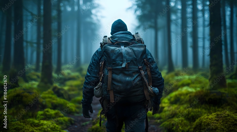 Backview of a Resolute Adventurer Traversing a Misty Forest Landscape Backview of a Resolute Adventurer Traversing a Misty Forest Landscape